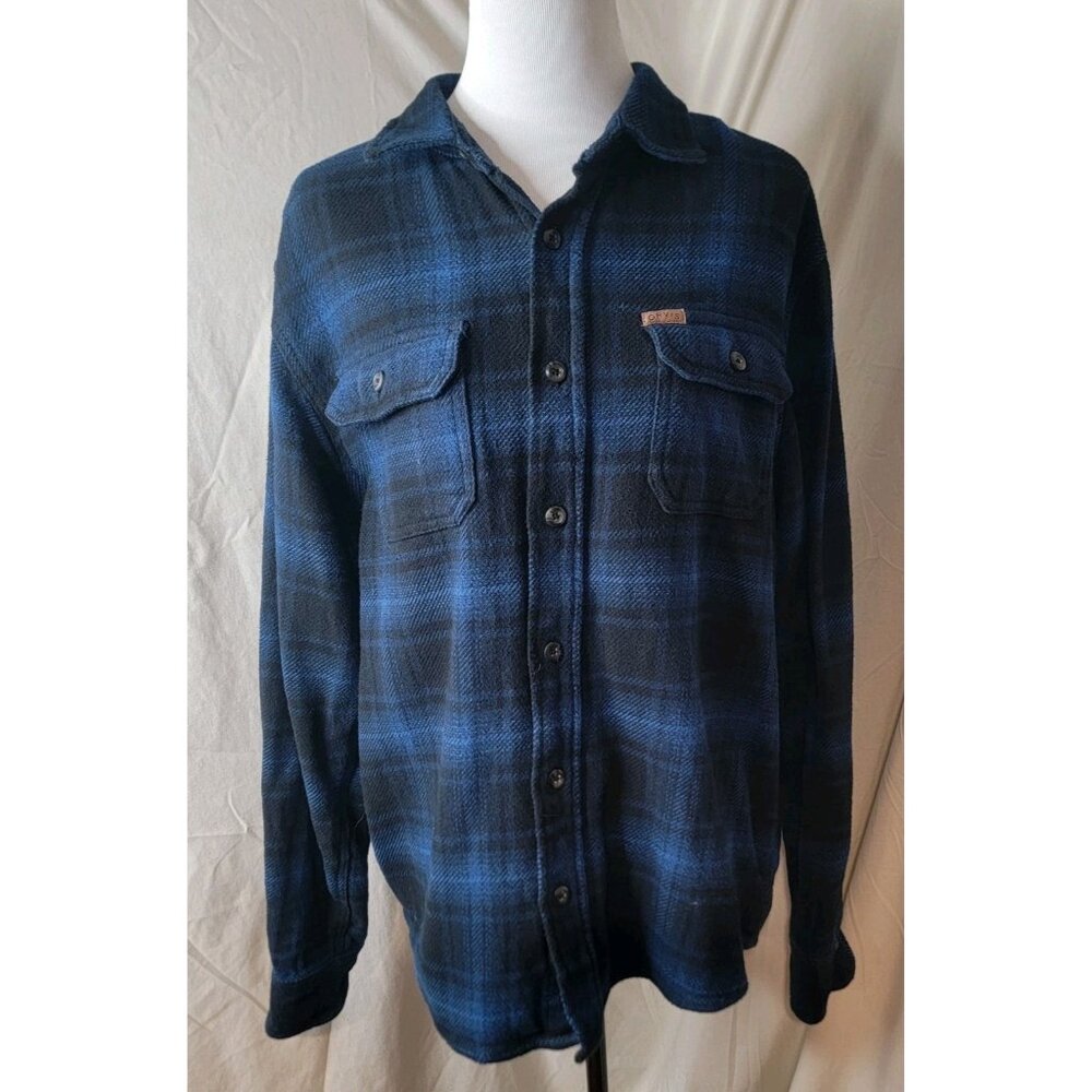 Orvis Mens Medium Blue Button Up Four Pocket Flannel Heavyweight Plaid Shacket